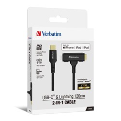 Verbatim USB-C And Lightning 2-In-1 Sync And Charge Cable 60W 1.2m Black