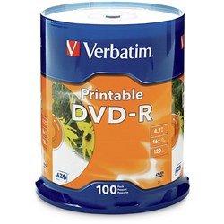 Verbatim Recordable DVD-R 120Min 4.7GB 16X Inkjet Printable Pack Of 100 White