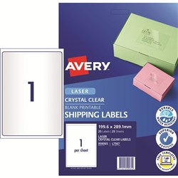 Avery Crystal Clear Laser Shipping Labels White L7567 199.6x289.1mm 1UP 25 Labels